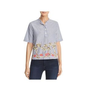 SCOTCH & SODA Womens Embroidered Side Vents Button Short Sleeve Crew Neck Top